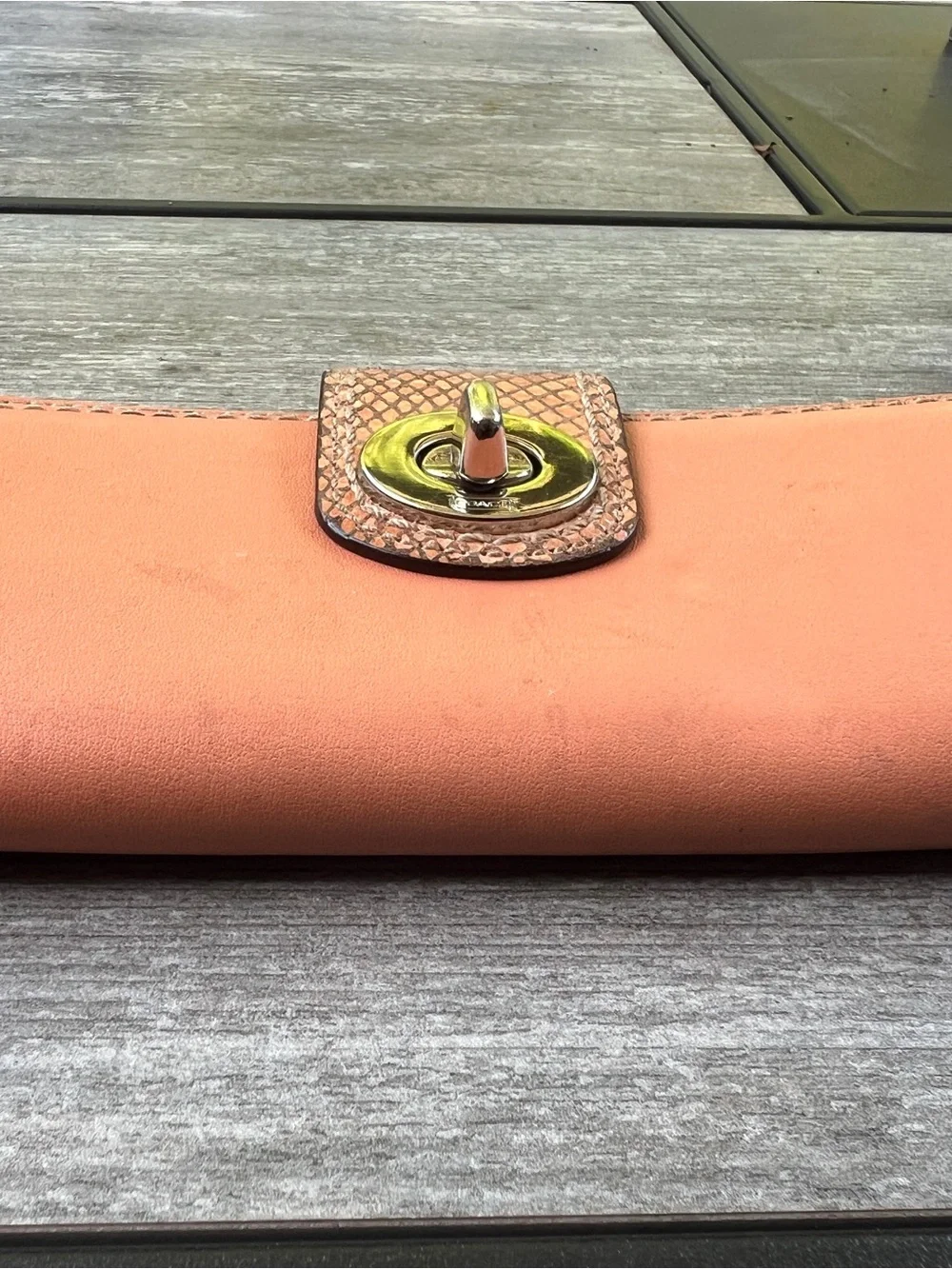 Coach Peach Leather Turn-Lock Wallet with Snakeskin Accent